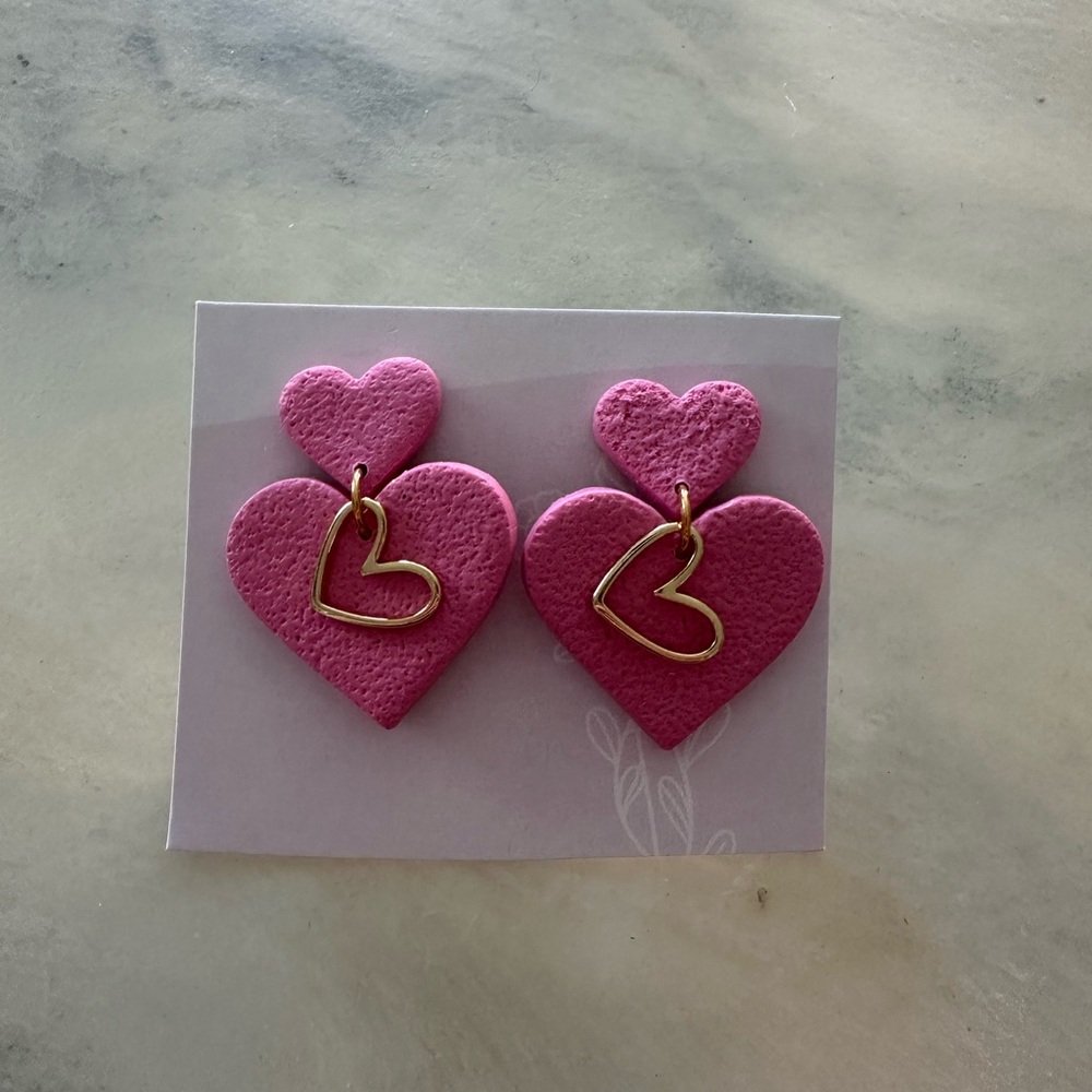 Polymer Clay Pink Heart Earrings with Gold Accents
